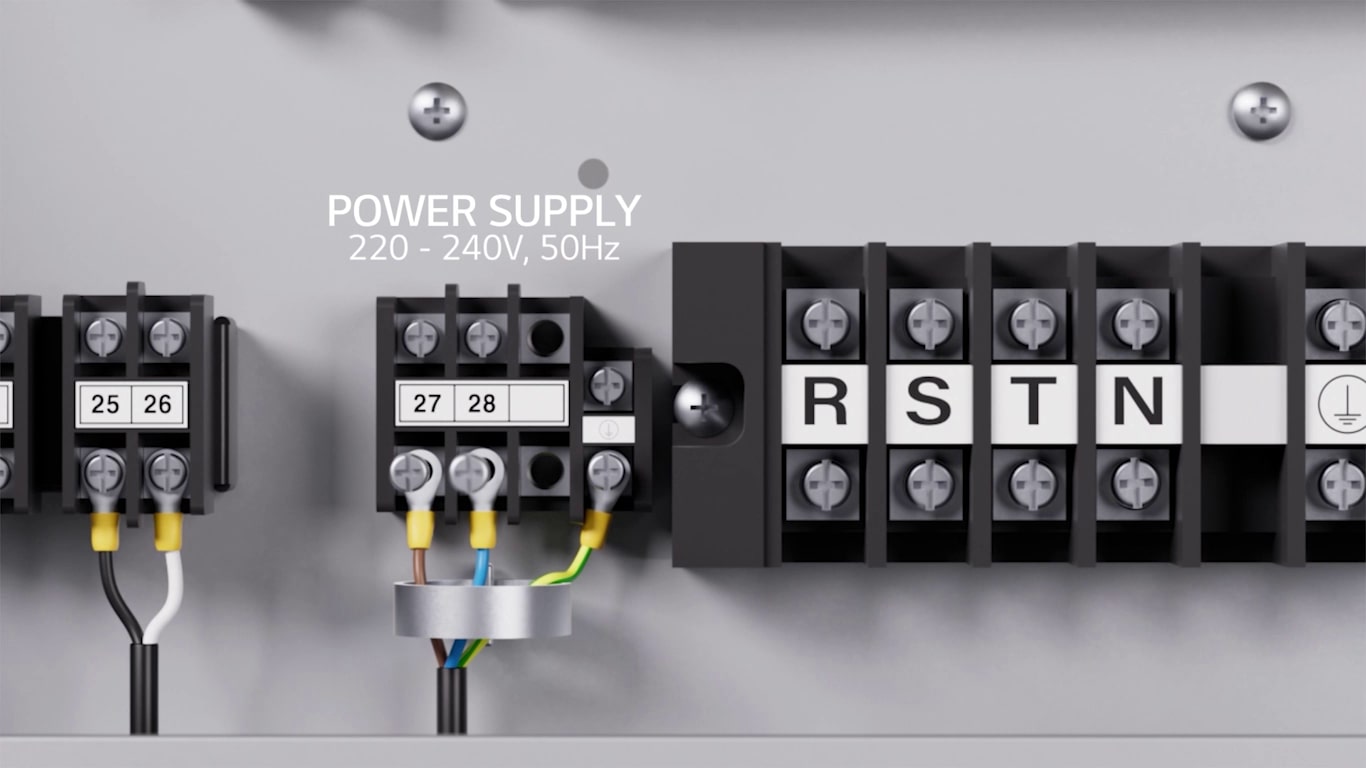 A short clip demonstrating the way to connect main power supply to terminal 27 and 28 on the LG Therma V Combi Unit.