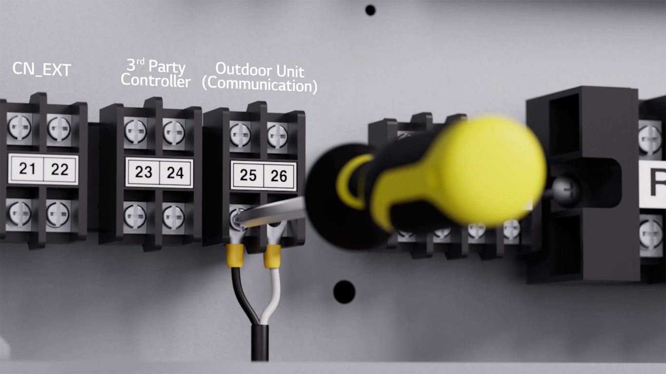 A short clip demonstrating how to fasten the outdoor unit communication cables to terminal 25 and 26 of Therma V Combi Unit terminal block.
