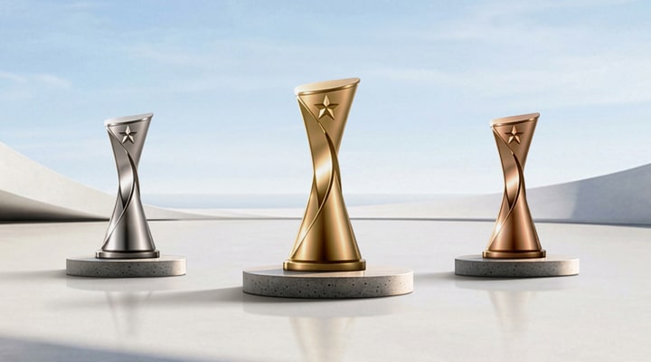 Three award trophies displayed on circular pedestals in a bright, modern architectural setting