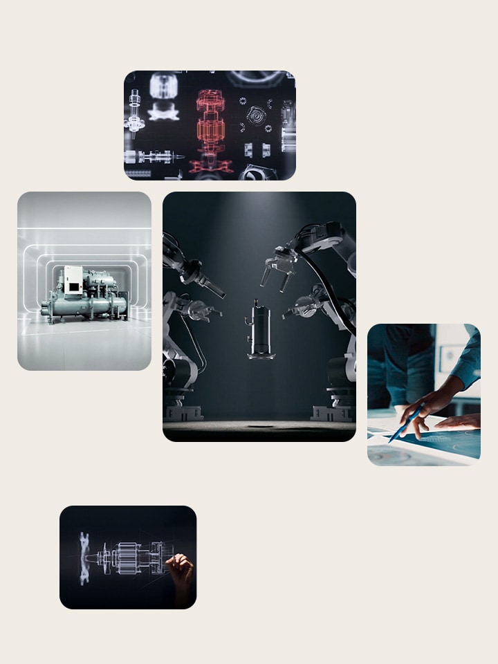 A modern technological collage illustrating the cycle of industrial design, engineering, and automated production.