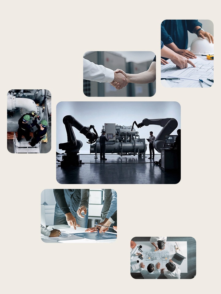 A modern collage illustrating industrial automation, engineering teamwork, and project planning in a factory.