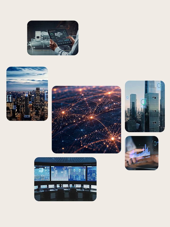 An interconnected network collage of smart city technology, with global data links and advanced monitoring systems.