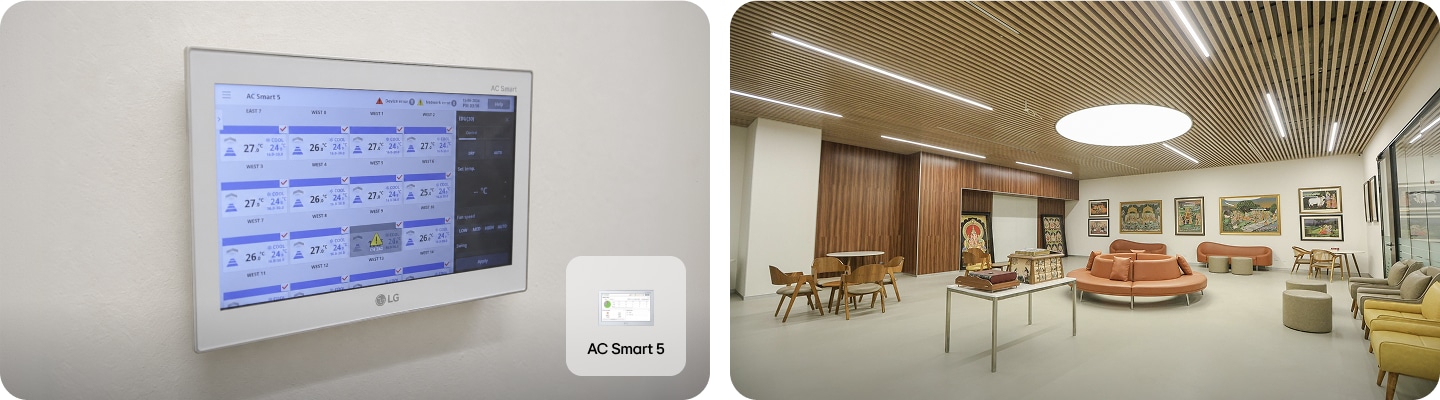 LG's AC Smart 5 central control screen (left) and a shared lounge at the MAQ Software facility (right).