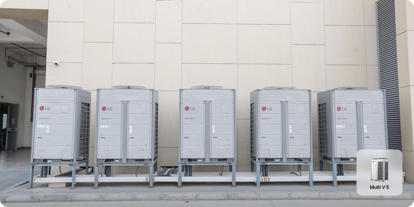 LG Multi V 5 outdoor units installed on the terrace, at ground level, and in the balcony areas of the MAQ Software facility.