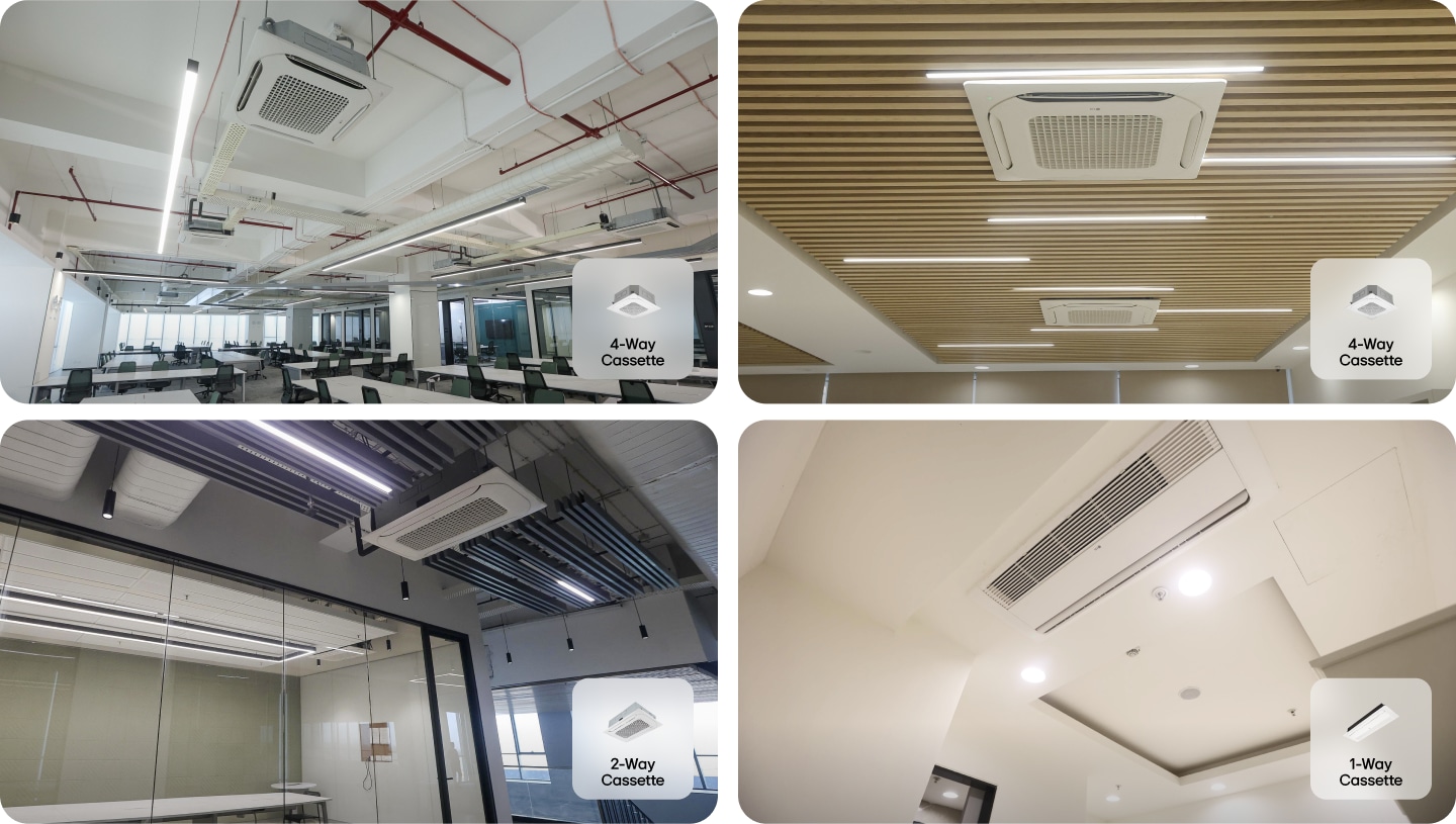 LG four-way cassette indoor units installed in office areas and meeting rooms at the MAQ Software facility.