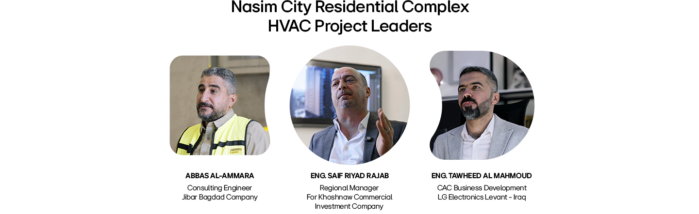 HVAC project leaders for Nasim City Residential Complex in Iraq, shown in individual interview portraits.