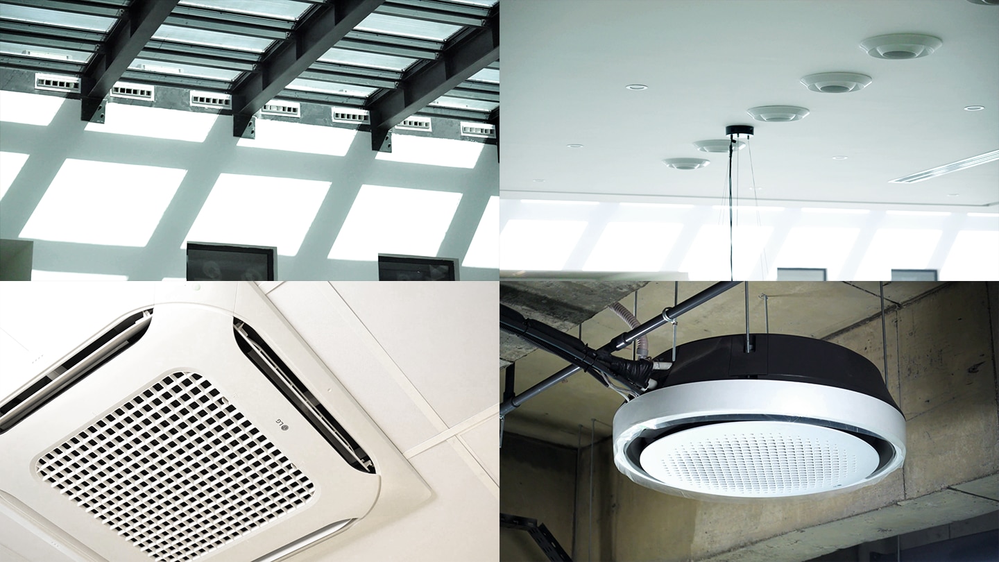 Various types of HVAC indoor units installed on the ceilings of the university building.
