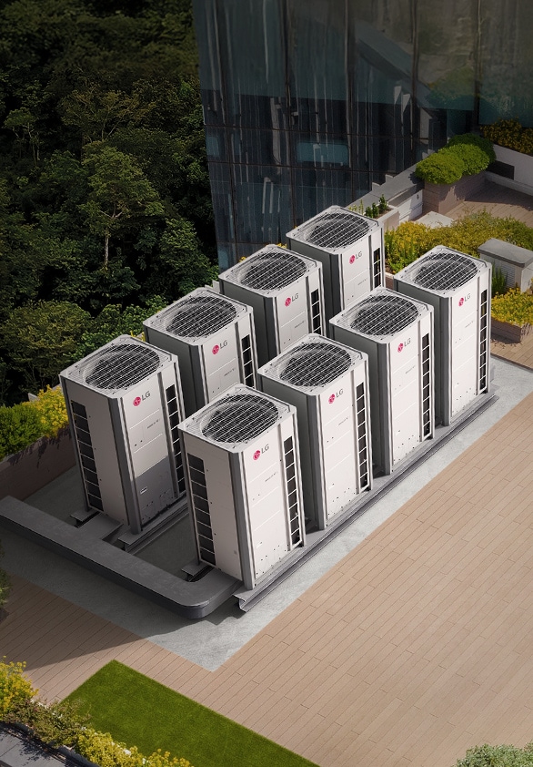 Row of LG commercial HVAC outdoor units installed on a building rooftop, representing commercial business solutions.