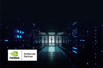 A dark data center web banner featuring LG solutions text, NVIDIA Preferred Partner logo, and server rack corridor.