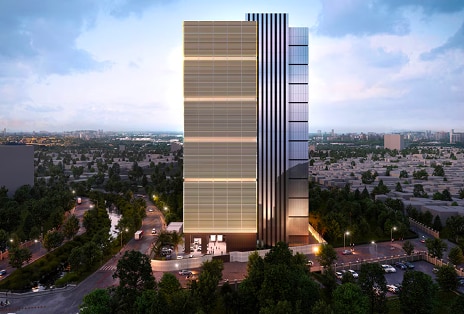 An architectural rendering of a modern, multi-story data center building surrounded by trees and a city backdrop at dusk.