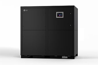 A black LG coolant distribution unit with a control screen on a white background.