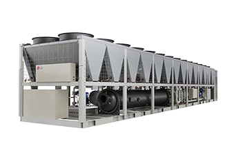 A large LG industrial chiller unit with multiple top fans and internal pipes on a white background.