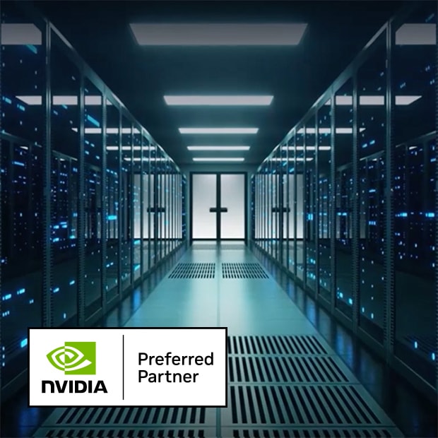 A dark data center web banner featuring LG solutions text, NVIDIA Preferred Partner logo, and server rack corridor.