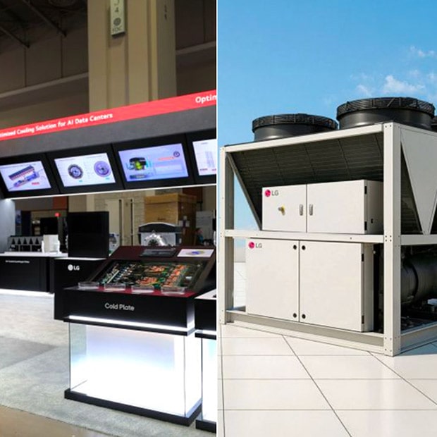 An LG exhibition booth for AI data center cooling solutions alongside a product shot of a large outdoor chiller unit.	