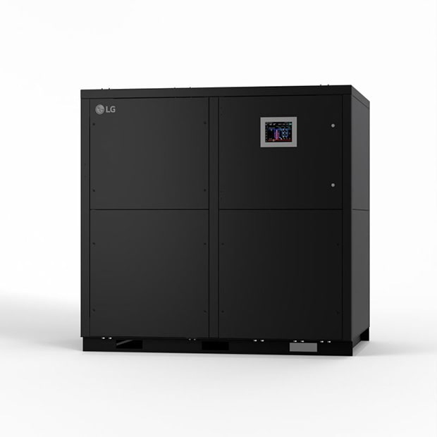 A black LG coolant distribution unit with a control screen on a white background.