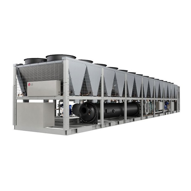 A large LG industrial chiller unit with multiple top fans and internal pipes on a white background.