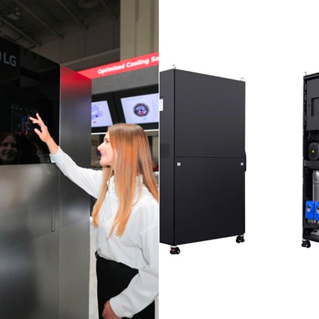 A woman interacting with an LG cooling unit next to product photos of closed and open industrial server cooling racks.