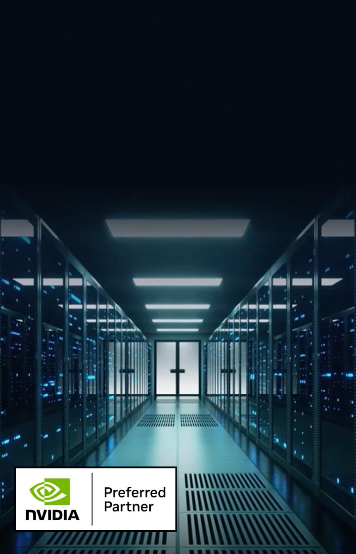 A dark data center web banner featuring LG solutions text, NVIDIA Preferred Partner logo, and server rack corridor.