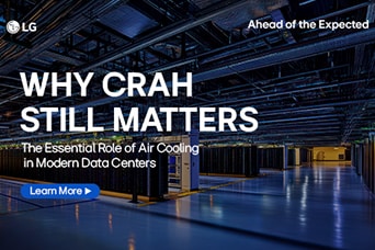 LG's "Why CRAH Still Matters" article on air cooling's role in data centers. Includes a "Learn More" button.	
