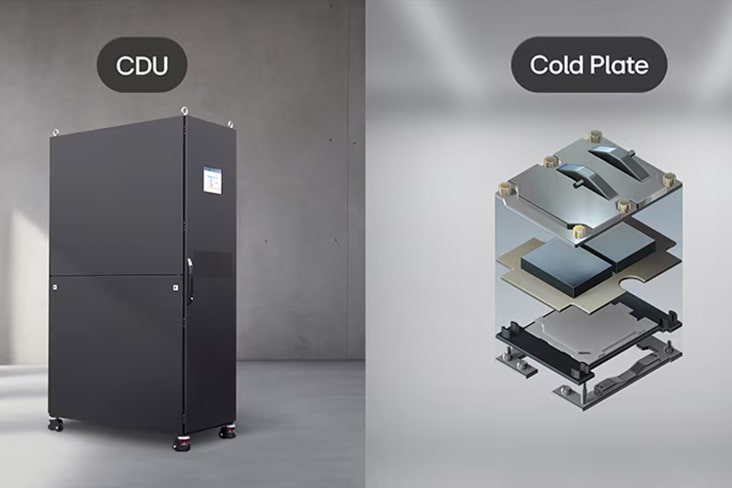 LG CDU and Cold Plate cooling technology providing direct-to-chip liquid cooling for high-density data centers.