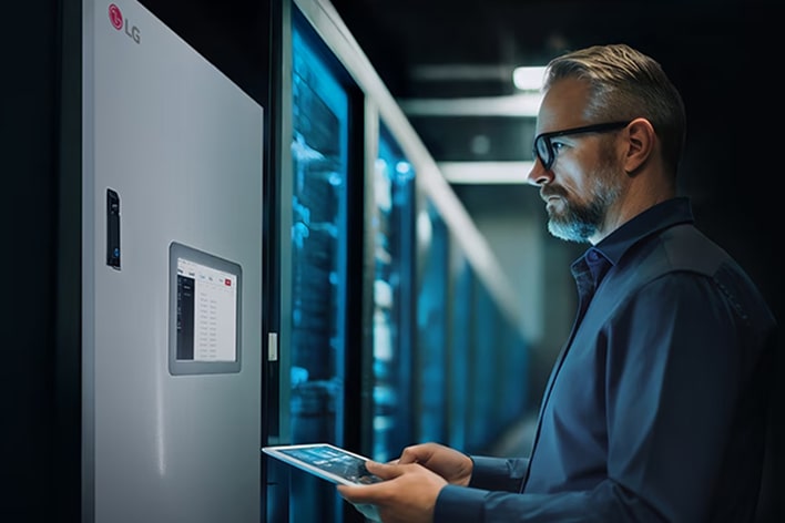 LG Chiller plant manager monitoring real-time data analytics for efficient cooling, reduced energy consumption, and reliable data center operations