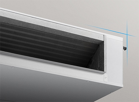 Close-up of a ducted unit air outlet, showing internal airflow fins and a compact rectangular housing.