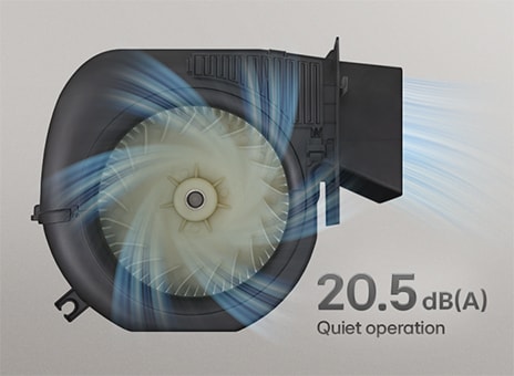 A motor achieving quiet 20.5 dB operation, with incoming and outgoing airflow illustrated by blue motion lines.