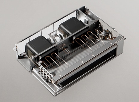 Internal view of static ducted unit showing dual fans, motor, and copper coil layout.