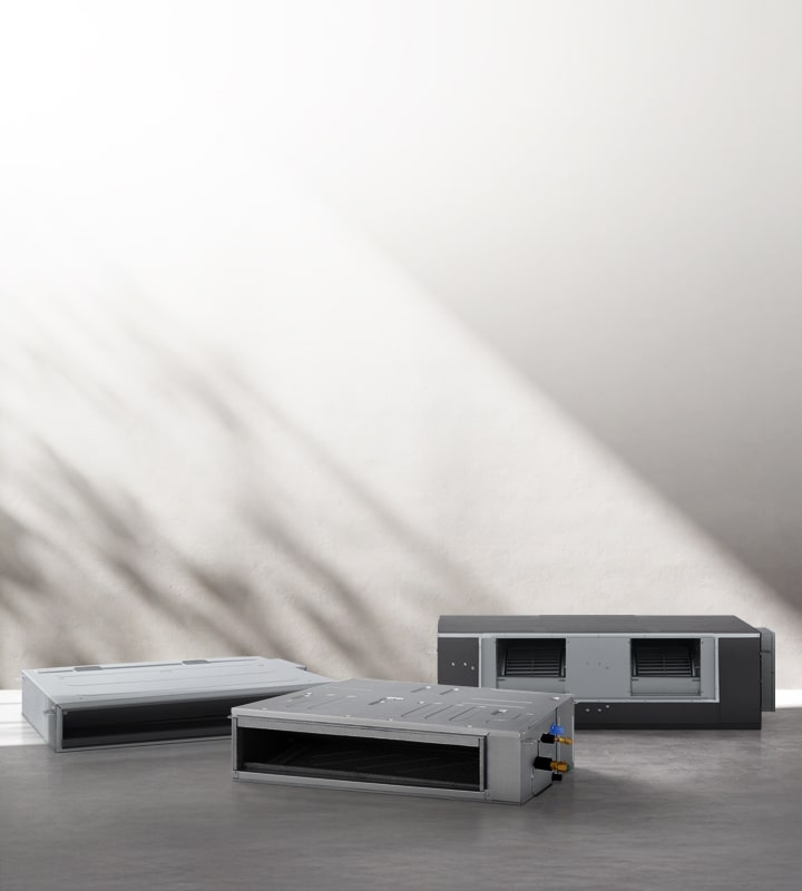 A lineup of LG Ceiling Concealed Ducted Units is displayed in a minimal interior setting with soft natural light.