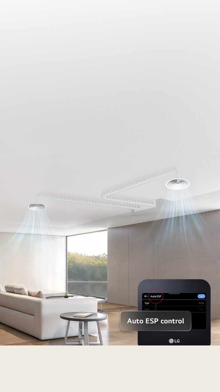 Living room with static ducted unit ceiling vents and airflow, plus remote controller display.