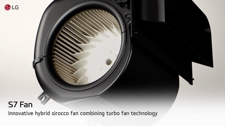 LG S7 hybrid sirocco fan with turbine-style blades inside a black circular housing, highlighting airflow technology.