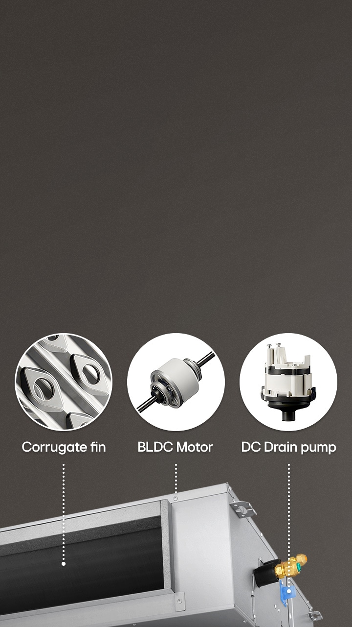 Cutaway view of a ducted unit highlighting a durable DC drain pump and internal components for reliable operation