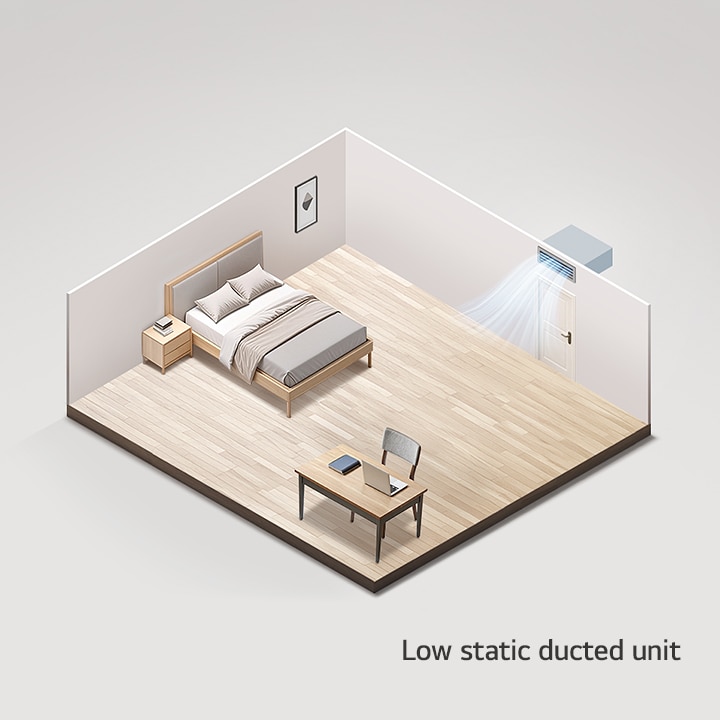 A video showing airflow from a low static ducted unit in a small room, a mid static ducted unit in a home, and a high static ducted unit in an office.