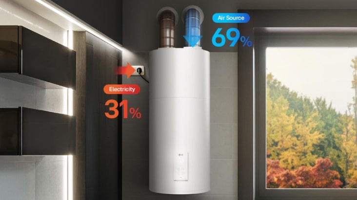 LG Hybrid Heat Pump Water Heater showcasing energy-efficient heating solution with electricity and solar-based system