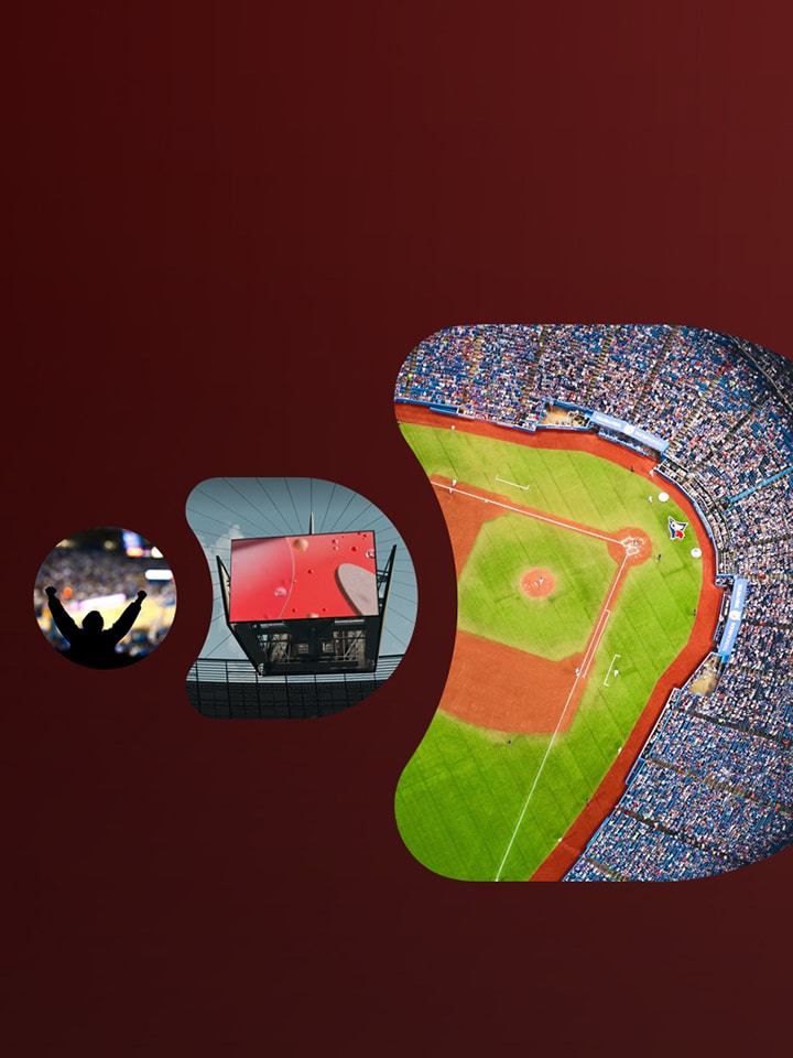 Collage of baseball stadium visuals, including cheering fans, a large digital scoreboard, and an aerial view of a baseball field filled with spectators.