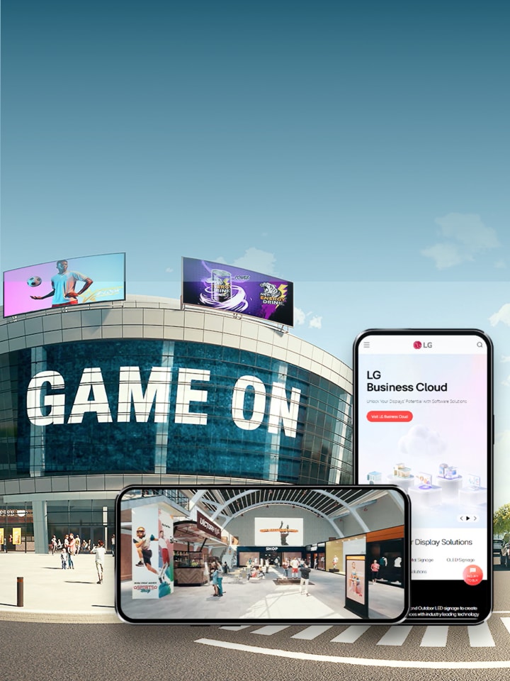 Large building with digital signage displays and LG Business Cloud shown on mobile and tablet devices