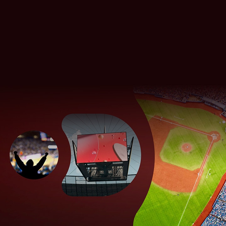 Baseball stadium scene. On the left, a silhouette of a cheering fan with raised arms. In the center, a batter at home plate preparing to swing while the catcher and umpire are in position, with a crowd of spectators in the stands. On the right, a wide view of the field and scoreboard under stadium lights
