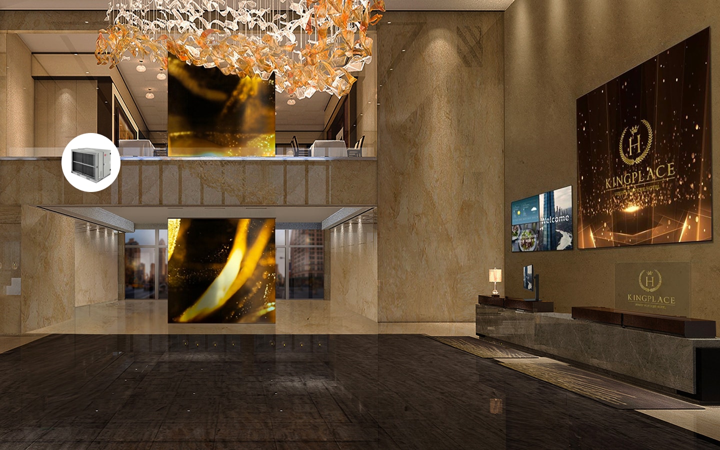 Elegant hotel lobby showcasing LG integrated solutions with luxury design, digital signage, and climate control systems for a premium guest arrival experience.