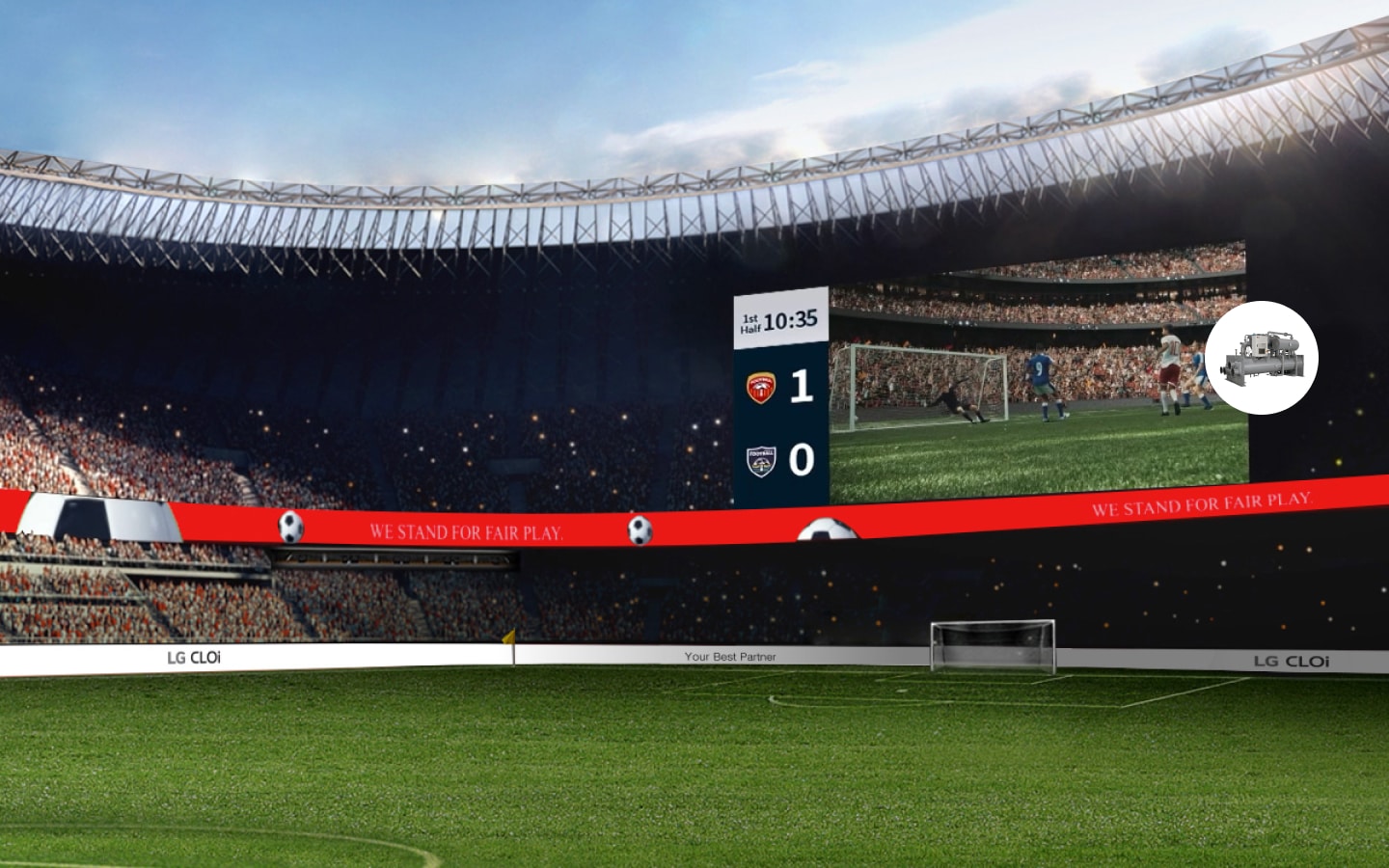LG public facility stadium scene featuring vivid LED signage and air system icons, showcasing advanced LG outdoor display technology and HVAC solutions for enhanced fan experience.