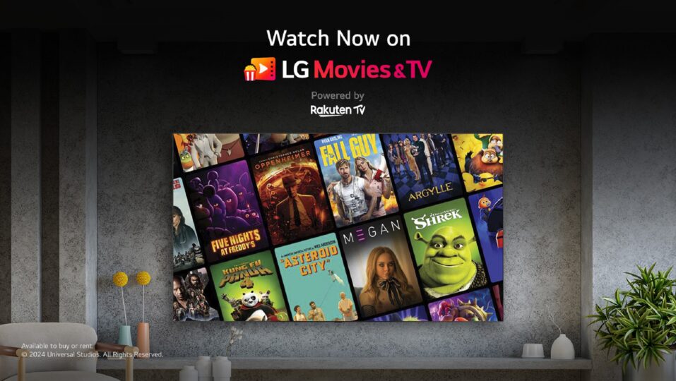 A promotional image showcases the LG Movies & TV event, featuring posters of content on an LG TV