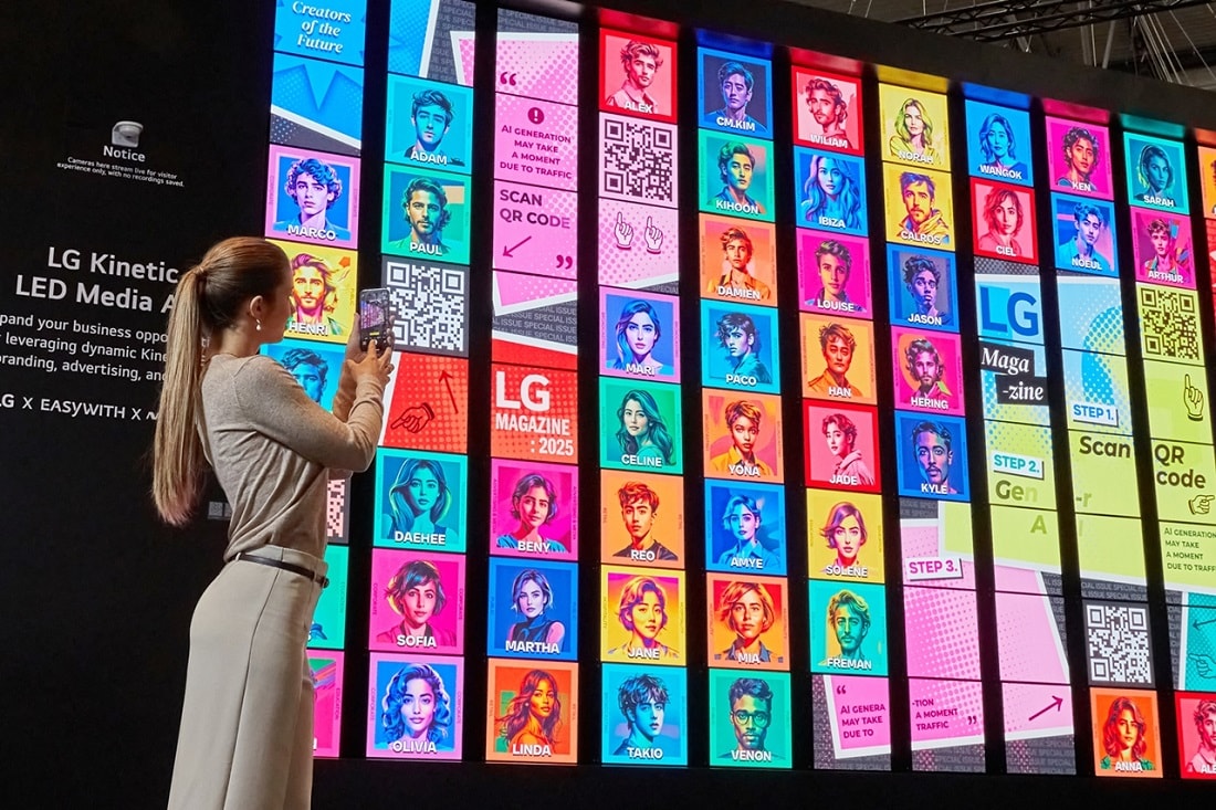 LG Kinetic LED Media Art, a dynamic digital wall featuring colorful portraits and QR codes