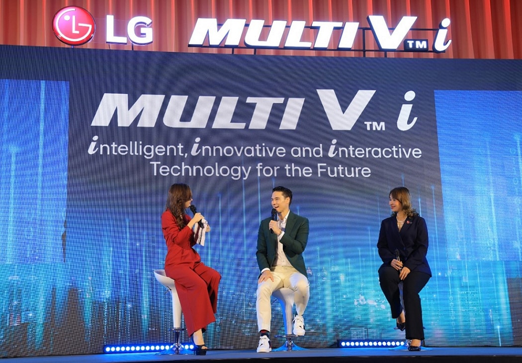 Panel discussion featuring LG representatives and experts at the Multi V i event in Thailand. Emphasizes AI-powered HVAC insights, product innovation, and commercial applications by LG.