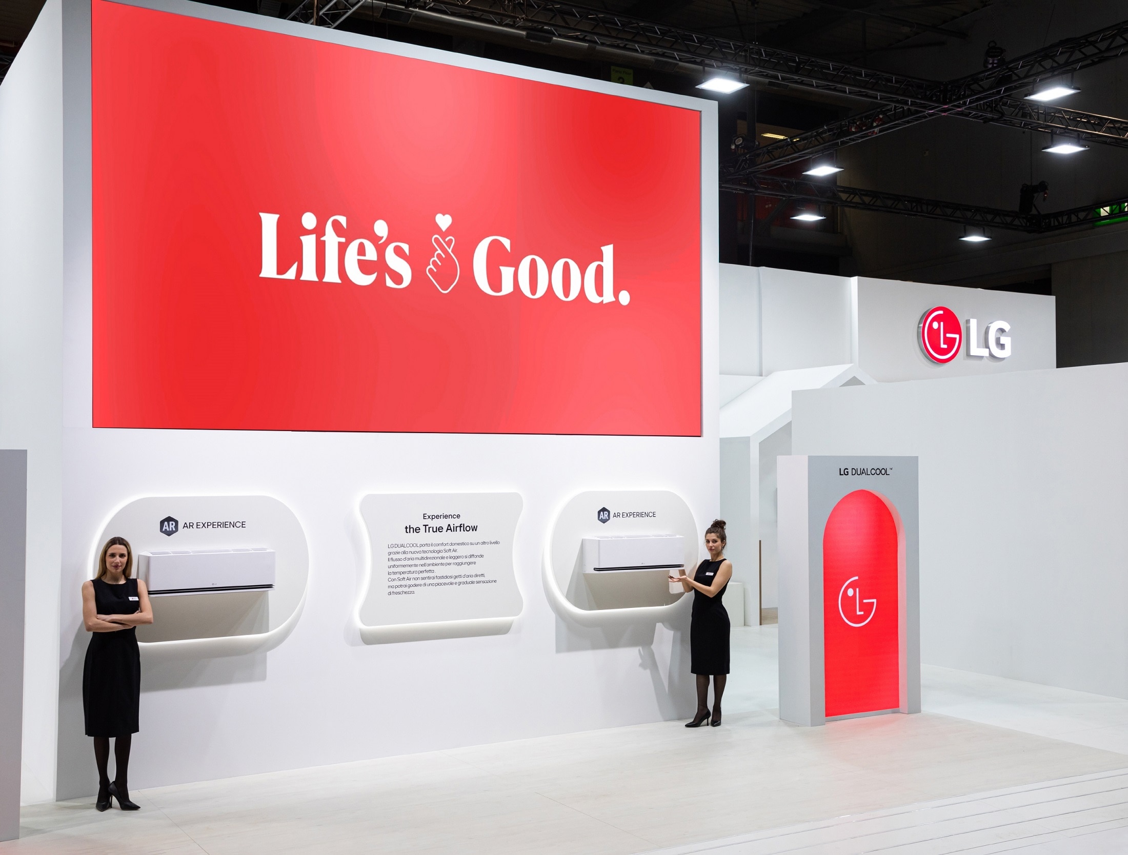 LG exhibition booth at MCE 2024 showcasing latest innovative HVAC solutions for residential and commercial buildings. Features LG’s signature Life’s Good branding and energy-efficient air conditioning systems emphasizing indoor comfort.