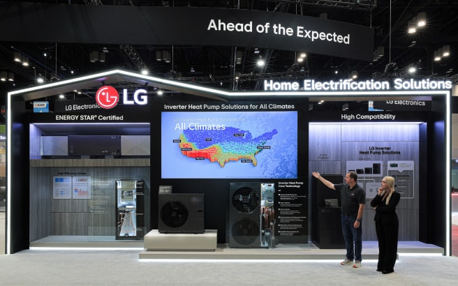 LG Electronics booth showcasing Home Electrification Solutions with ENERGY STAR® certified inverter heat pump systems. Exhibit highlights LG’s advanced climate solutions for all regions, emphasizing high compatibility and sustainability