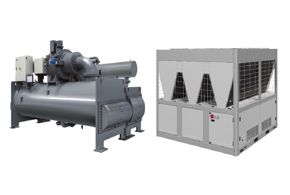 Two large LG industrial HVAC systems displayed side by side, including a chiller unit and an outdoor air-cooled system