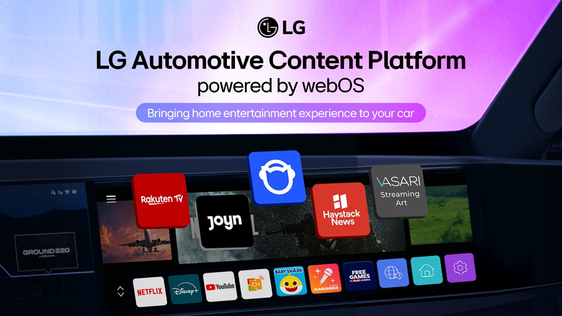 Digital dashboard display of the LG Automotive Content Platform powered by webOS, showing streaming and entertainment apps such as Netflix, Rakuten TV, Joyn, Haystack News, and others for in-car home entertainment.