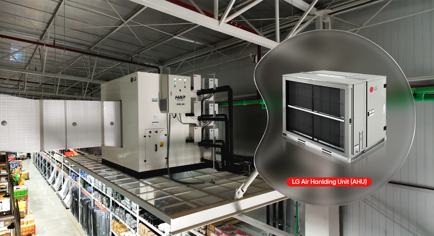 LG Air Handling Unit AHU-04 installed in a warehouse, with inset close-up highlighting design and connected piping.