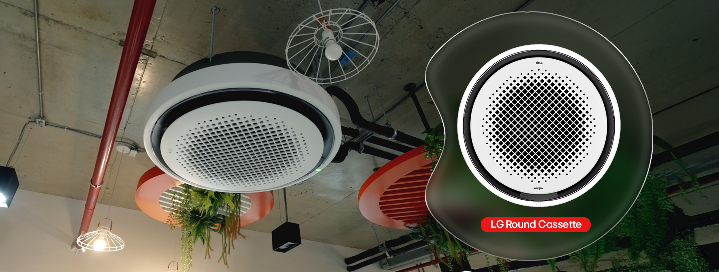 LG Round Cassette AC units installed on a modern office ceiling with inset close-up highlighting circular design and branding.
