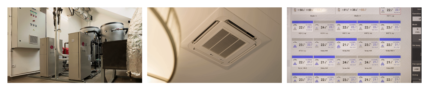 LG commercial HVAC system showing mechanical room, ceiling cassette unit, and digital zone controller	