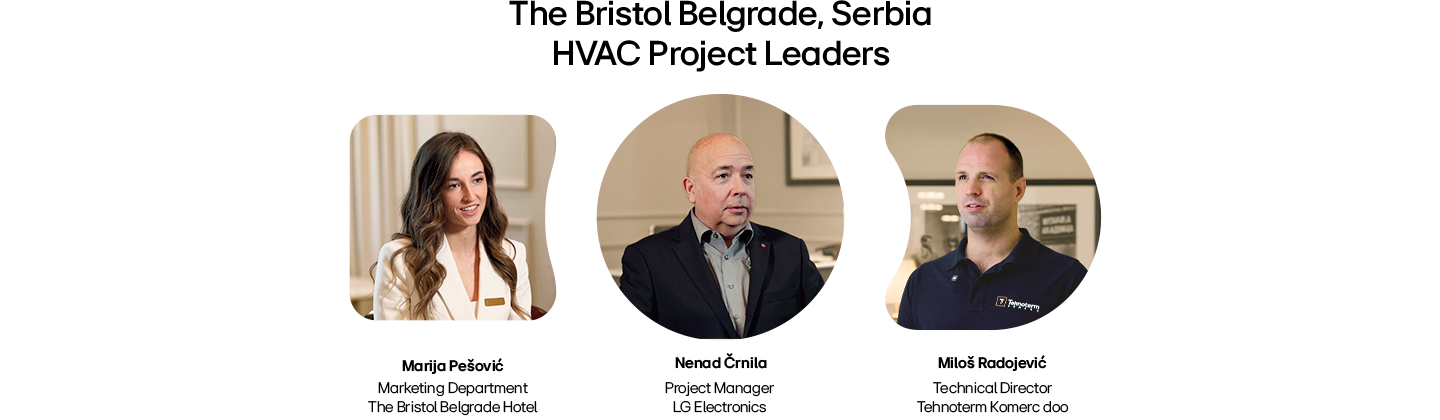 Three professionals in circular frames, including LG and Typogram representatives in formal indoor settings